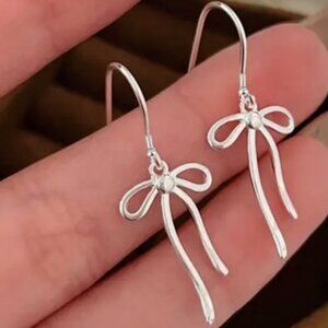 Delicate Silver Bow Dangle Stud Earrings